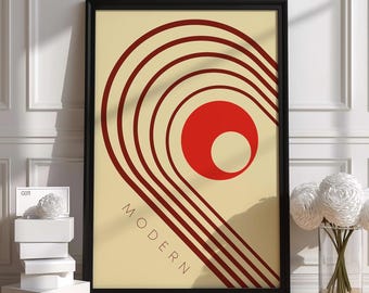 Poster geometrico astratto / Illustrazione con linee circolari rosse / Stampa minimalista moderna / Regalo di alta qualità / Design unico fatto a mano / Opera d'arte personalizzata