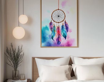 Decorazione murale acchiappasogni - Design con piume vivaci - Arredamento boho colorato - Sfondo etereo con sfumature pastello - Estetica per il soggiorno