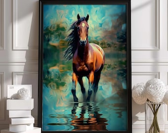 Majestic Horse Portrait | Digital Art Print | Vibrant Blue and Brown Tones | Premium Quality Gift | Unique Handmade Design | Custom Made Art