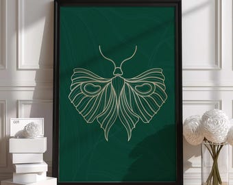 Poster con illustrazione di una falena dalla linea dorata / Elegante decorazione murale minimalista con insetti / Sfondo verde moderno / Regalo di alta qualità / Opera d'arte personalizzata