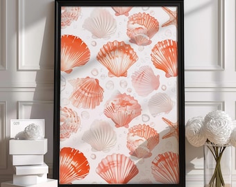 Seashell Pattern Poster | Coral and White Nautical Print | Elegant Coastal Wall Art | Premium Quality Gift | Unique Handmade Design