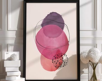 Poster moderno astratto con cerchi ad acquerello / Stampa artistica minimalista rosa e viola / Decorazione murale contemporanea / Regalo di alta qualità