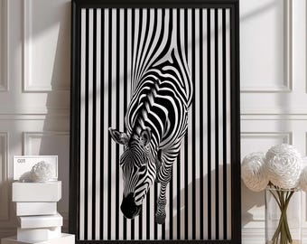 Stampa artistica con effetto zebra a strisce / Poster di animale audace in bianco e nero / Regalo di alta qualità / Design unico fatto a mano / Idea regalo più venduta