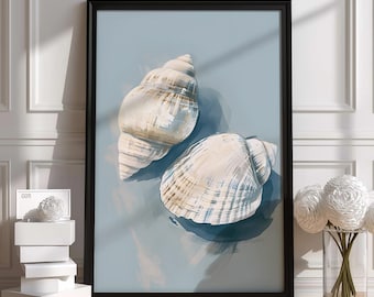 Seashell Watercolor Print | Coastal Art Poster | Blue Background Decor | Premium Quality Gift | Unique Handmade Design | Custom Made Art