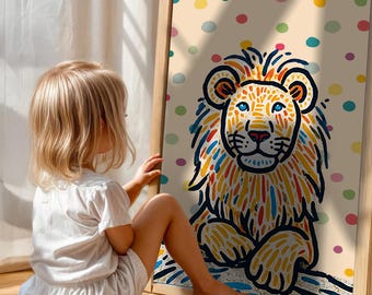 Illustrazione di un leone colorato - Arte animale vivace - Sfondo giocoso a pois - Decorazione murale unica per camerette o asili nido
