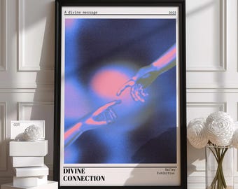 Poster astratto al neon con mani / Illustrazione digitale moderna / Stampa "Connessione Divina" / Regalo di alta qualità / Design unico realizzato a mano