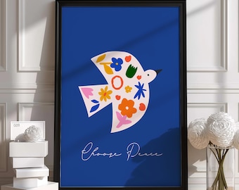 Poster con illustrazione moderna di una colomba / Stampa colorata dell'uccello della pace / Design grafico audace / Regalo di alta qualità / Design unico fatto a mano