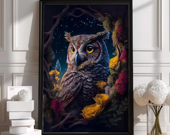 Ritratto di gufo vibrante / Stampa artistica digitale ispirata alla natura / Motivo floreale notturno / Regalo di alta qualità / Design unico fatto a mano