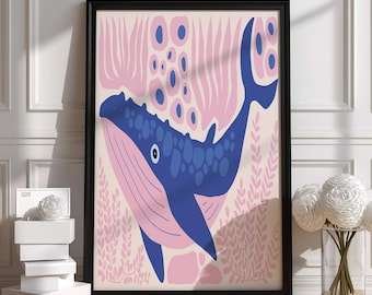Stampa con illustrazione di balena blu / Poster moderno di arte oceanica / Decorazione marina rosa e blu / Regalo di alta qualità / Design unico realizzato a mano