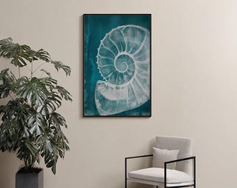 Nautilus Shell Art Print | Abstract White Spiral | Modern Blue Background Poster | Premium Quality Gift | Unique Handmade Design