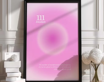 Poster spirituale con sfumatura rosa / Illustrazione del numero angelico 111 / Stampa tipografica moderna / Regalo di alta qualità / Design unico realizzato a mano