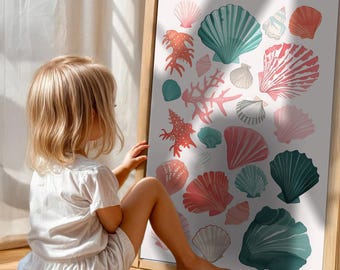 Poster con conchiglie colorate ad acquerello / Stampa di conchiglie costiere / Decorazione murale ispirata all'oceano / Regalo di alta qualità / Design unico fatto a mano