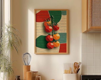 Quadro da parete con vivace grappolo di pomodori - Decorazione per la cucina in stile retrò con frutti rossi e gialli su sfondo verde e beige con texture.