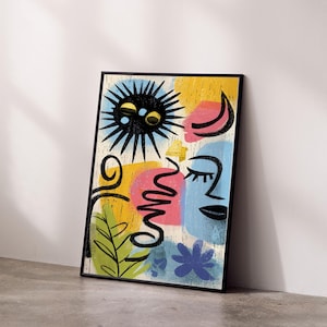 Abstract Wall Art - Vibrant Mid-Century Modern Style - Bold Colors, Sun Motif, Leaf, Floral Patterns - Eye-Catching Home Decor Piece