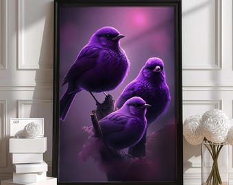 Poster con un trio di uccelli viola vibranti / Illustrazione digitale / Stampa artistica naturalistica / Regalo di alta qualità / Design unico fatto a mano / Opera d'arte personalizzata