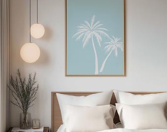 White Palm Trees on Blue Poster | Minimalist Tropical Silhouette Art Print | Premium Quality Gift | Unique Handmade Design | Custom Made Art