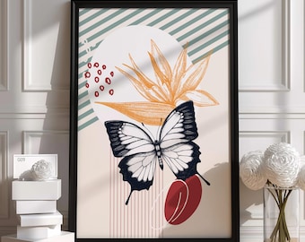 Stampa botanica con farfalle / Arte astratta moderna / Poster con illustrazione floreale / Regalo di alta qualità / Design unico realizzato a mano