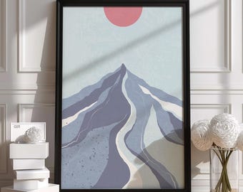 Stampa astratta di paesaggio montano / Poster minimalista con sole e cime / Arte murale moderna / Regalo di alta qualità / Design unico realizzato a mano