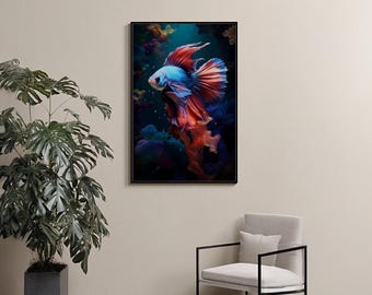 Ritratto vibrante di pesce Betta / Stampa artistica digitale / Decorazione acquatica audace / Regalo di alta qualità / Design unico fatto a mano / Idea regalo più venduta