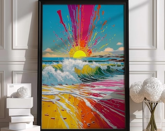 Onde oceaniche vibranti con tramonto spumeggiante - Quadro murale marino colorato - Scena di spiaggia dinamica con cielo luminoso e spruzzi / Opera d'arte personalizzata