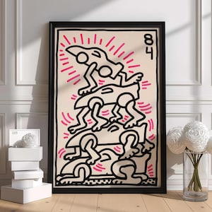 Opvallende abstracte figuren kunstprint | Zwart-roze illustratieposter | Moderne popartstijl | Hoogwaardig cadeau | Uniek handgemaakt ontwerp