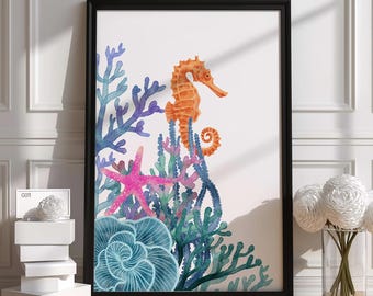 Watercolor Seahorse Coral Print | Oceanic Abstract Art | Coastal Wall Decor | Premium Quality Gift | Unique Handmade Design | Cute Accessory