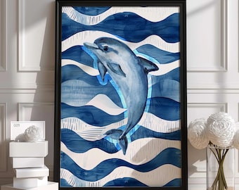 Stampa artistica ad acquerello di un delfino blu / Poster con onde oceaniche / Decorazione nautica moderna / Regalo di alta qualità / Design unico realizzato a mano