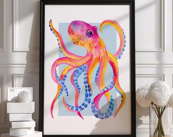 Stampa ad acquerello di un polpo dai colori vivaci / Poster colorato di vita marina / Decorazione moderna con arte oceanica / Regalo di alta qualità / Design unico fatto a mano