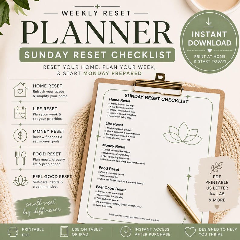 Sunday Reset Checklist | Weekly Routine Planner for Busy Women (digital ...