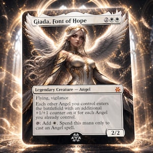 May include: A Magic: The Gathering card featuring Giada, Font of Hope, a legendary Angel. The card has a detailed illustration of a woman with white wings and long hair. The card text includes abilities like Flying and vigilance.