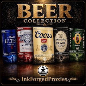 May include: A collection of beer-themed cards featuring popular brands like Budweiser, Coors, and Foster's. The cards are displayed on a wooden surface with the text "BEER COLLECTION" at the top. The brand names are clearly visible.