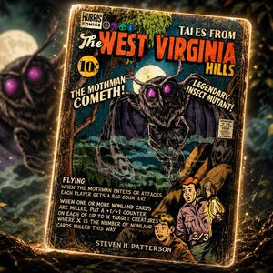 May include: A vintage comic book cover titled "Tales From The West Virginia Hills" featuring a Mothman illustration with purple eyes. The cover includes the text "The Mothman Cometh!" and "Legendary Insect Mutant!" with a 10-cent price.
