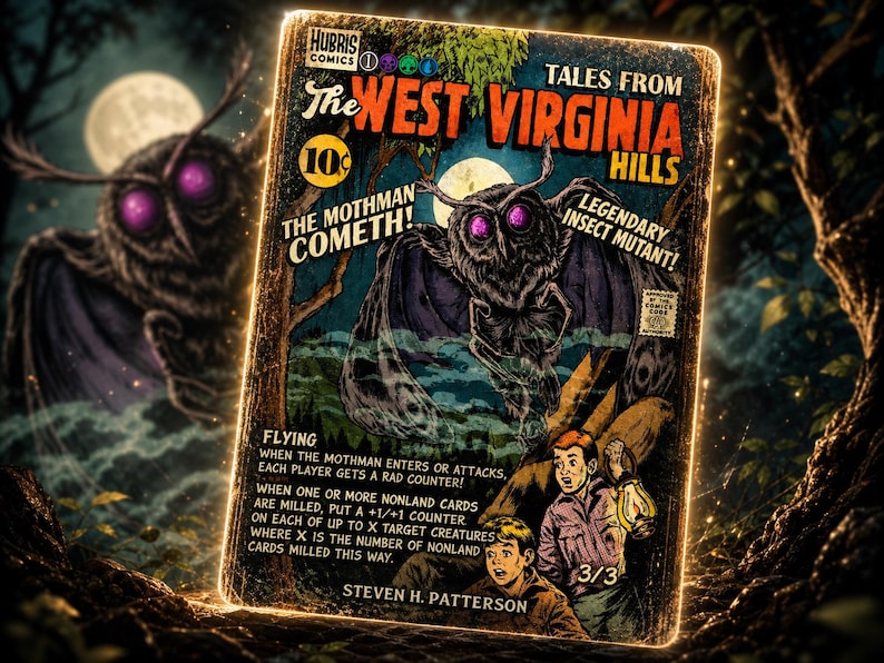 May include: A vintage comic book cover titled "Tales From The West Virginia Hills" featuring a Mothman illustration with purple eyes. The cover includes the text "The Mothman Cometh!" and "Legendary Insect Mutant!" with a 10-cent price.