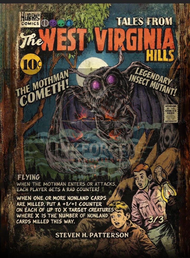 May include: Comic book cover titled "Tales From The West Virginia Hills" featuring a Mothman illustration with purple eyes. The comic has a vintage style with text that reads "The Mothman Cometh!" and "Legendary Insect Mutant!"