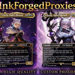 May include: Two custom proxy cards featuring the character Y'shtola, Night's Blessed, a Cat Warlock. The cards have a purple and gold color scheme with the text "InkForged Proxies" at the top. The cards have a 2/4 power and toughness.
