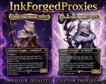 May include: Two custom proxy cards featuring the character Y'shtola, Night's Blessed, a Cat Warlock. The cards have a purple and gold color scheme with the text "InkForged Proxies" at the top. The cards have a 2/4 power and toughness.