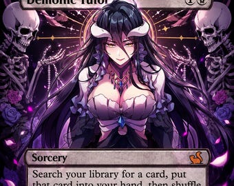 May include: A fantasy-themed trading card featuring a woman with long black hair and white horns, titled "Demonic Tutor." The card has a purple and black color scheme with text that reads "Sorcery." Skeletons and roses frame the central image.