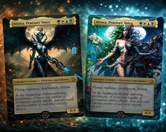 May include: Two trading cards titled Atraxa, Praetors' Voice, each featuring a legendary creature, Phyrexian Angel Horror. Card A shows a dual-toned figure with green hair and dark wings, while Card B depicts a dark, winged figure with a glowing staff.