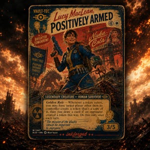 May include: A vintage-style card featuring Lucy MacLean, "POSITIVELY ARMED," from Vault-Tec. The card showcases a woman in a blue and yellow jumpsuit holding a gun, with the Nuka Cola logo and the text "Prepare, Survive, Thrive!" The card has a 3/5 rating.