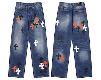 Unisex Washed Denim Jeans Loose Fit Cross Patch Cotton Streetwear Pants
