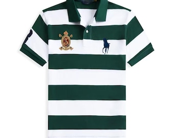 Men's Cotton Striped Polo Shirt Embroidered Logo Lapel Collar Casual Tee