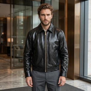 Bespoke Black Python Embossed Leather Bomber Jacket, Luxe Statement Outerwear