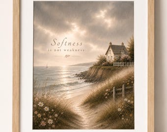 May include: A framed print featuring a coastal scene with a small house on a cliff overlooking the ocean. The artwork has a soft, muted color palette with the text "Softness is not weakness." The print is in a light wood frame.