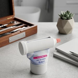 May include: A white toothpaste tube squeezer with a tube of Clean Mint toothpaste. The toothpaste tube is 125 ml. A wooden box with silver tools and a small succulent plant in a geometric pot are in the background.