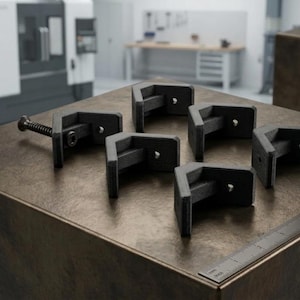May include: A collection of black metal corner brackets with mounting holes and a screw, arranged on a textured brown surface. A metal ruler is also present. The background shows industrial machinery and a workbench.