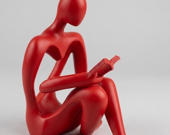 Abstrakt röd läsarskulptur, minimalistisk bokälskare, hylldekor, litterär konstdesign