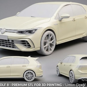 Può includere: Un modello 3D giallo chiaro di una VW Golf 8, mostrato da più angolazioni. Il modello dell'auto presenta dettagli come fari, una griglia anteriore e ruote. Il testo "VW GOLF 8 - PREMIUM STL FOR 3D PRINTING - 'Limon Çiçeği' Edition" è visibile.