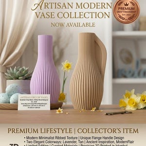 May include: Two modern, ribbed vases in lavender and tan, part of the Artisan Modern Vase Collection. The tan vase has a unique handle. The text reads "Artisan Modern Vase Collection Now Available". Dimensions: 220mm H x 90mm D.