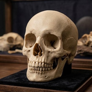 May include: A detailed, beige human skull with visible sutures and teeth, displayed on a black velvet surface within a wooden frame. The skull is the primary focus, with other skulls visible in the background.