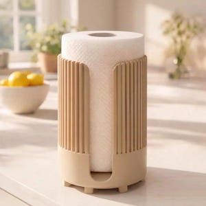 May include: A beige paper towel holder with vertical ribbed detailing. The holder encases a roll of white paper towels. The base has a rounded design with small feet. The holder is designed to sit on a countertop.